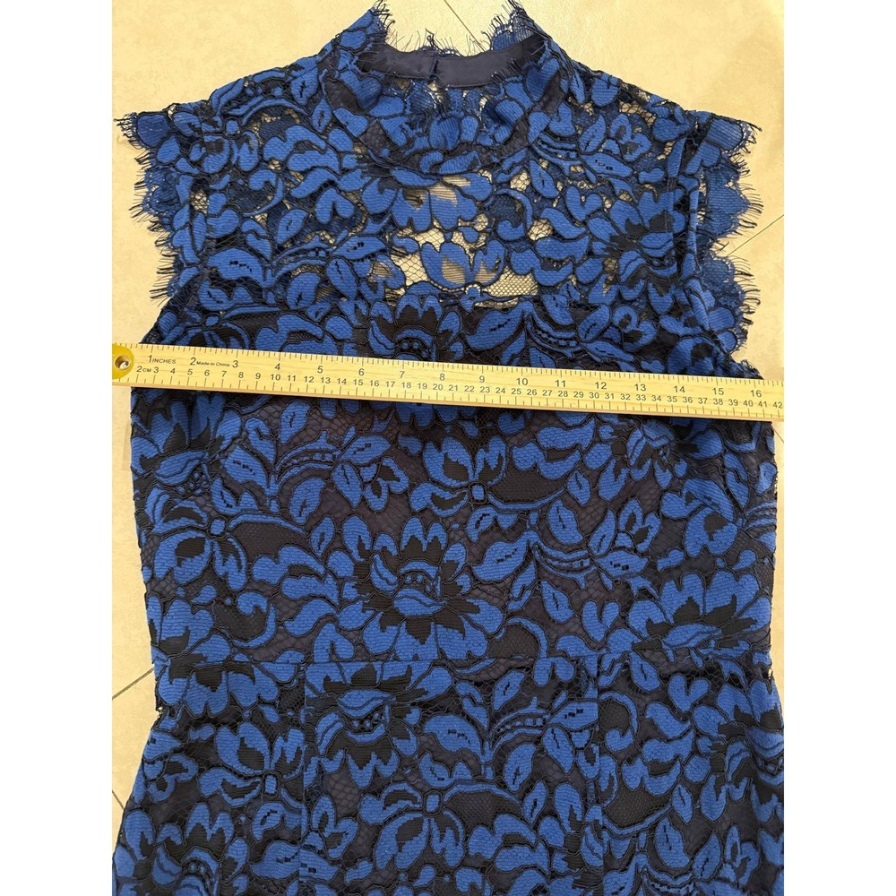 Eliza J Blue Black Floral Lace Gown Dress Size 12 Mock Neck Open Back Formal - Picture 7 of 8
